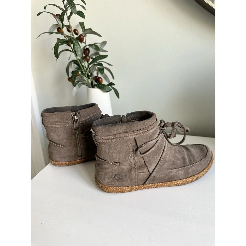 UGG Elora Women's 7.5 Grey Suede Wrap Lace Ankle Boots Side Zip 1019129 - Picture 5 of 11